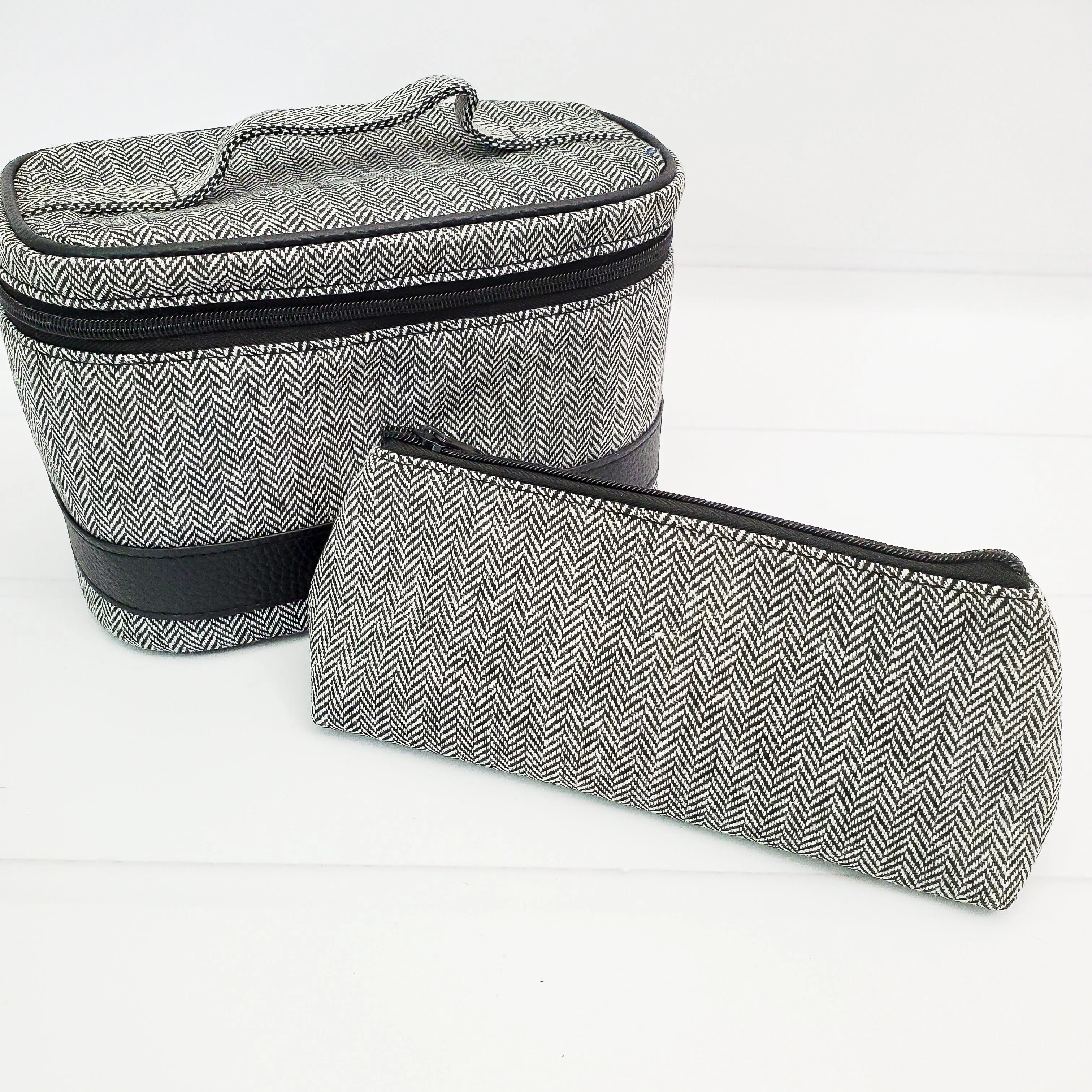 Canvas Train Case Cosmetic Travel Bag - Herringbone