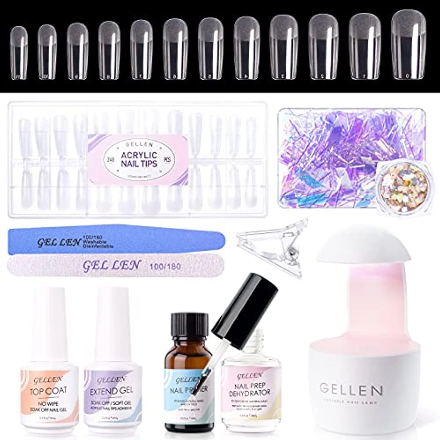Gellen Square Nail Tips and Glue Gel Kit, Acrylic Nail Kit- 240Pcs Square Nail, UV LED Nail Lamp, Extension DIY Nail Tools, Nail Art Decorations Set, All-In-One Gel Nail Extension Kit