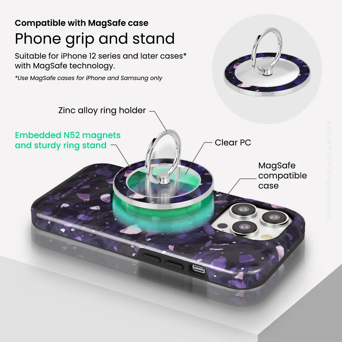 Lilac Terrazzo Gem - Silver MagSafe Phone Grip and Ring Holder Stand