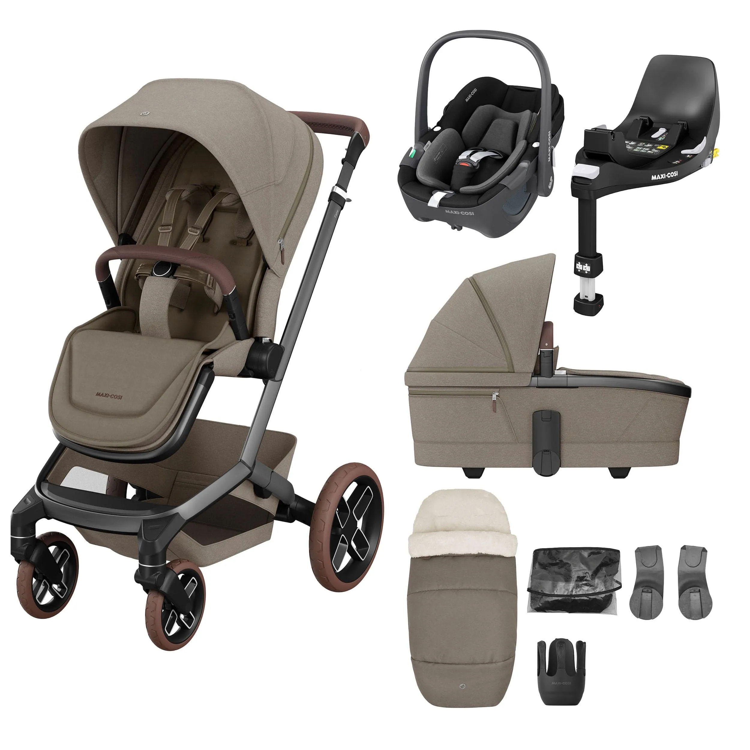 Maxi-Cosi FAME 8 Piece Complete Travel System in Twillic Truffle (Brown Wheels)