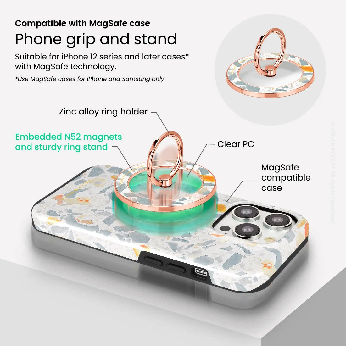 Terrazzo Grey - Rose Gold MagSafe Phone Grip and Ring Holder Stand